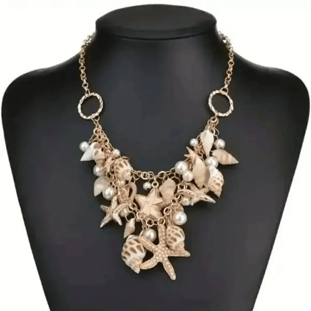 Chunky Golden Beach Starfish Concho Shell Pearl Necklace and Bracelet Set